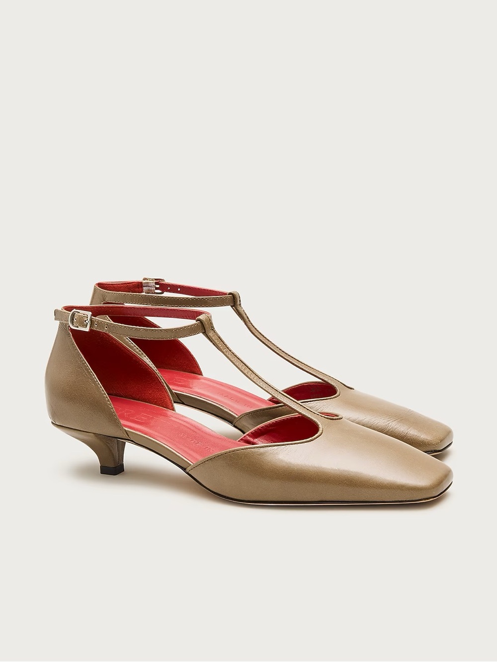 J. Crew Taupe T-Strap Kitten Heel Pumps with Red Interior